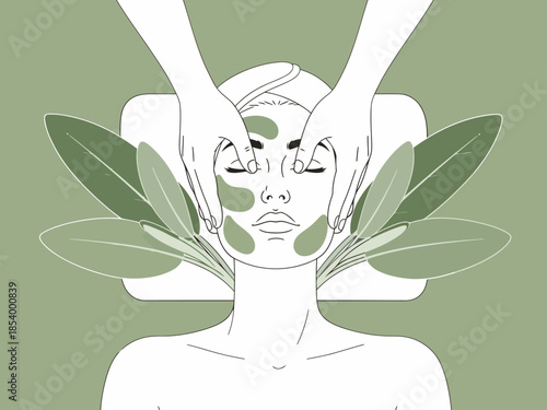 A serene facial massage with green clay mask. Soft, natural tones and leafy backdrop evoke relaxation and skincare. Perfect for wellness and beauty concepts.