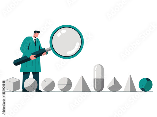 A scientist examines geometric shapes with a magnifying glass. Detailed illustration, modern style, vibrant colors. Perfect for business and education visuals.