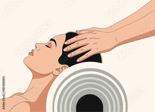 A serene head massage session evokes a quiet glow. Hands gently cradle the head, creating a sense of relaxation and wellness. Soft, muted tones and a minimalist background.