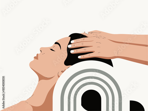 A serene head massage scene featuring hands gently caressing a woman?s scalp. Soft, muted tones and a subtle glow evoke relaxation and wellness. Perfect for spa or beauty marketing.