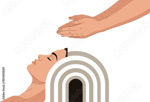 serene illustration depicts a woman receiving a hand massage bathed in a calming circular glow Minimalist soft colors evoke tranquility and wellness Perfect for beauty wellness and lifestyle themes