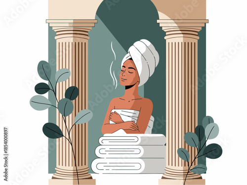 A serene woman relaxes in a luxurious bathroom, wrapped in a towel, enjoying a moment of peace. Soft lighting and a classical setting evoke tranquility.