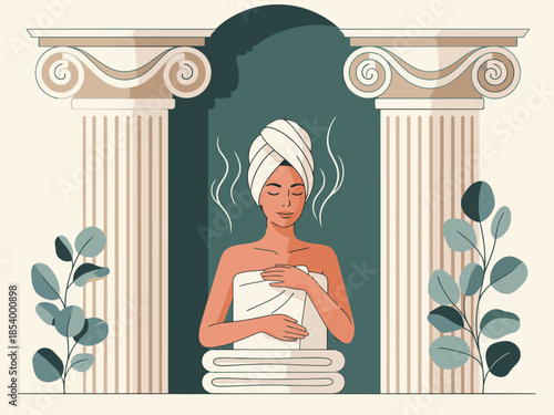 A serene woman relaxes in a steamy sauna, wrapped in a towel, embodying peace and tranquility.  Elegant architectural setting enhances the calming atmosphere.