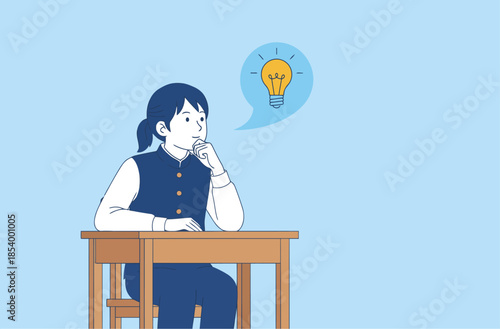 A thoughtful young woman sits at a desk, contemplating an idea represented by a lightbulb.  Clean, modern illustration.  Focus on inspiration and creativity.