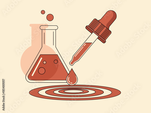 A vibrant illustration depicts a red dropper dispensing liquid into a flask, creating ripples. Modern, scientific, and visually appealing for commercial use.
