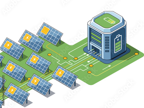 A vibrant illustration showcases a smart green grid integrating solar panels and battery storage. It?s a modern, clean design perfect for energy and sustainability concepts.