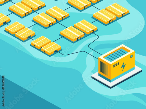 A vibrant isometric illustration showcases a water-based power plant with solar panels, connected to a power substation. Modern, clean design for energy concepts.