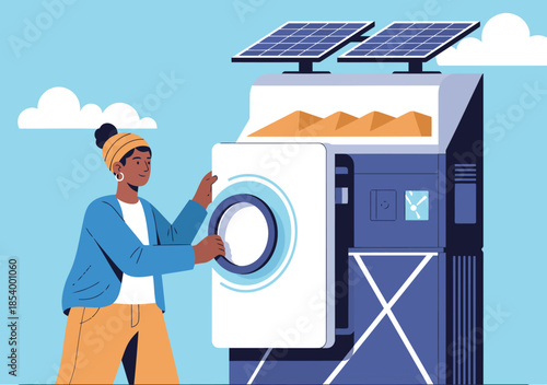 A smiling woman operates a solar-powered washing machine, symbolizing accessible energy. Modern illustration with a bright, optimistic feel. Power for all!