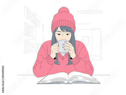 A young woman enjoys a cozy moment reading with a warm drink in a library setting. Soft colors and a relaxed pose create a peaceful mood. Perfect for lifestyle and wellness visuals.