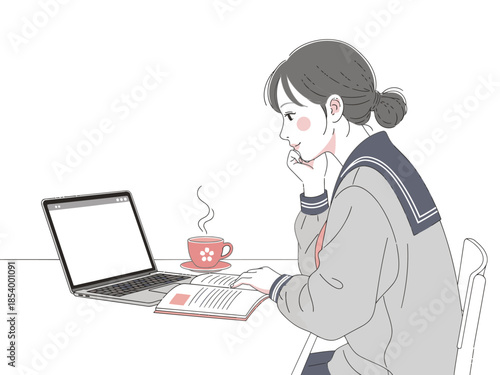 A young woman studies online, sipping tea and reviewing notes with a laptop. A cozy, focused learning scene. Soft colors and a modern aesthetic.