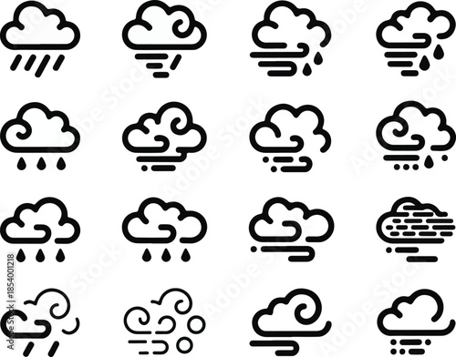 Set of 16 weather icons depicting rain wind snow hail clouds and storms black and white on transparent background