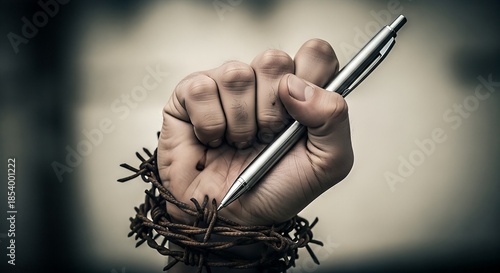 A clenched fist holding a pen tightly with barbed wire wrapped around the wrist symbolizing the struggle for freedom of expression and writing under oppression or censorship