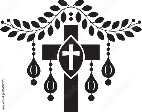 Religious symbol with a cross shield leaves and hanging drops representing faith and spirituality on transparent background
