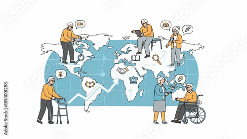 Diverse group of elderly people engaging with technology around the world.