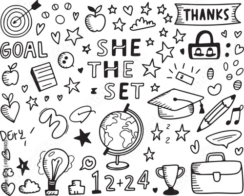 doodle elements for education and success with handwritten text and symbols on transparent background