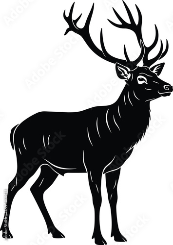 Black silhouette of a majestic stag with large antlers standing, forest buck wildlife animal, elegant deer figure isolated on white background, vector