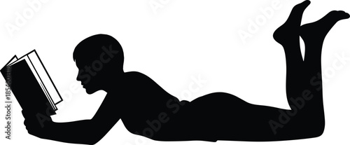 Black silhouette of a person lying on stomach reading a book, young student studying, boy relaxing with literature isolated on white background, vector
