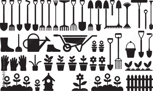 garden tools and accessories for planting and cultivation isolated on checkered background