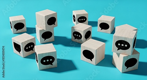 Arrangement of wooden cubes with various speech bubble icons symbolizing communication, dialogue, conversation, and interaction on a blue surface
