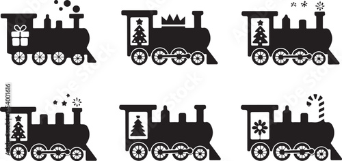 Set of six festive christmas train silhouettes decorated with gifts and trees isolated on a transparent background