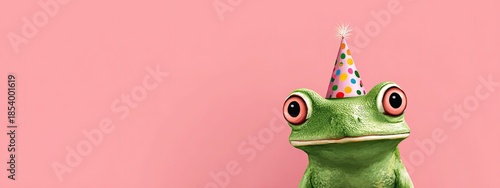 a green frog wearing a party hat with candles sits against a solid pink background