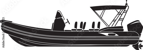 Silhouette of rigid inflatable boat rib with outboard motor and canopy isolated on grey checkered background.