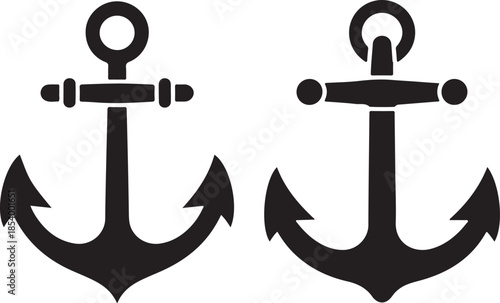 Two black silhouette anchors with chains isolated on grey checkered background, vector illustration.