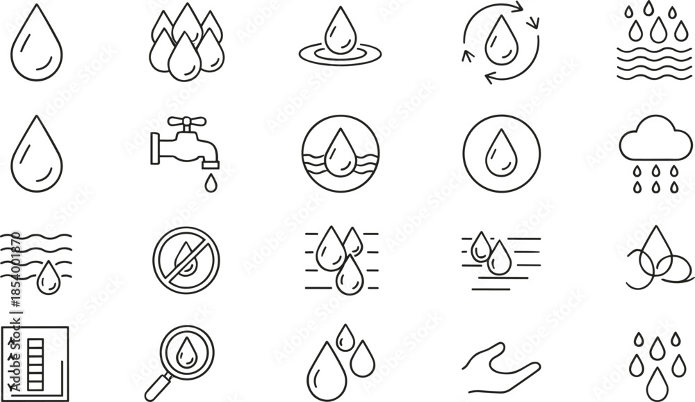 Αυτοκόλλητο Water droplet and fluid icon set with rain tap recycle and liquid symbols for ec