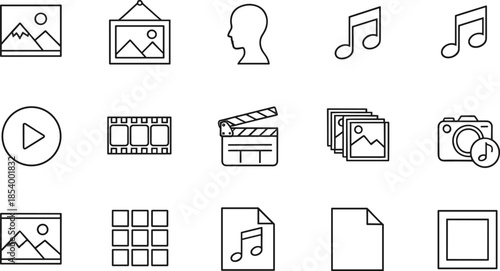 Media and file icon set with image video audio document and profile symbols for content management design