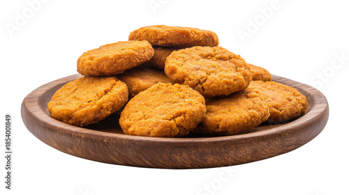Wooden bowl filled with large pile of rustic homemade oat biscuits. Sweet snack.