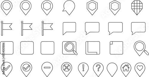 Location and interface icon set with map pins speech bubbles flags and navigation symbols for web and app design