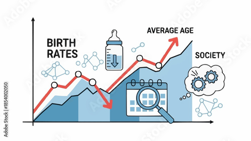 Graph Illustrating Declining Birth Rates and Rising Average Age in Society.