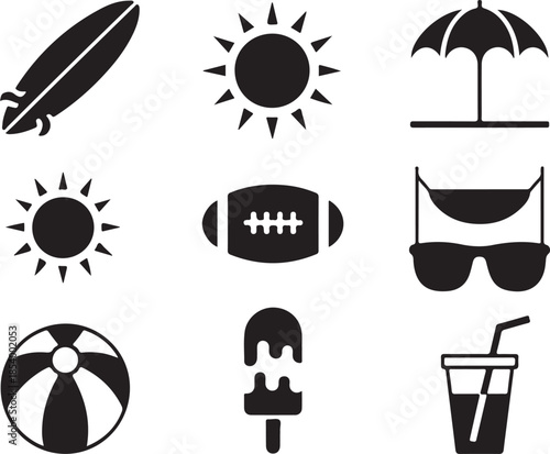 Summer beach activity icons set in black silhouette featuring sun, surfboard, umbrella, beach ball, ice cream, drink