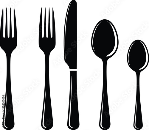 Black cutlery silhouette set including fork knife and spoon icons for restaurant menu kitchen and dining design