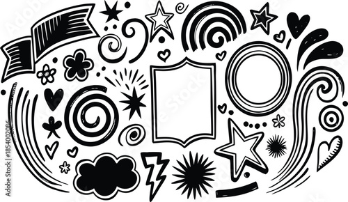 Collection of whimsical black and white doodle illustrations and shapes