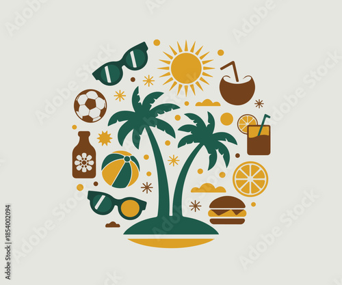 Summer vacation icons circular composition with tropical elements like palm trees, sun, drinks, and beach accessories