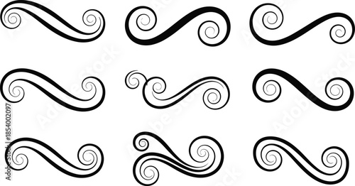 Decorative swirl ornament collection with elegant curved flourishes for borders dividers frames branding and vintage graphic design
