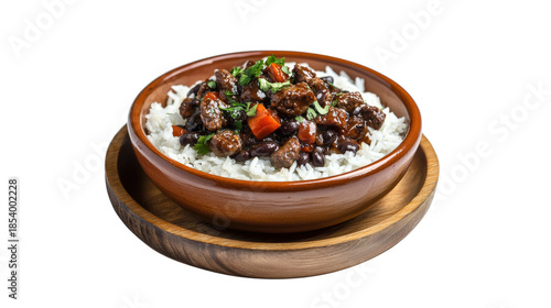 Beef chili with rice and beans in bowl served on wooden tray