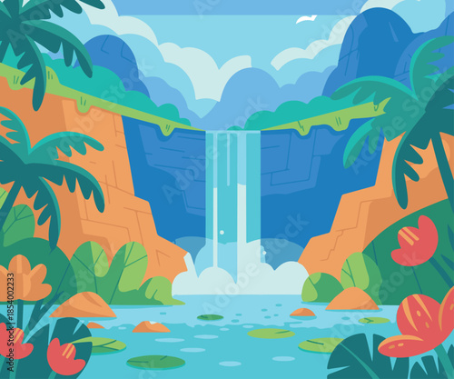 tropical waterfall jungle landscape with palm trees flowers and clear blue water