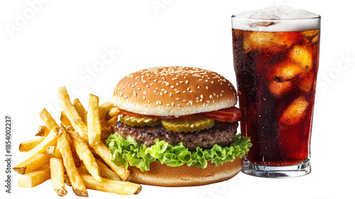 Fast food combo hamburger french fries iced cola beverage