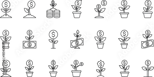Money growth and financial investment outline icon set with dollar plants savings profit and wealth symbols for business design