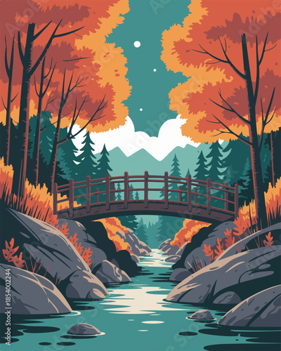 Autumn forest landscape with stream and wooden bridge peaceful nature scene in vibrant fall colors clear sky above