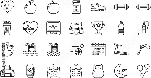 Fitness and health outline icon set with workout nutrition heart training and lifestyle symbols for gym wellness design