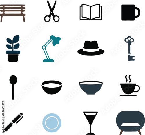 Collection of various household objects and everyday items flat icons on transparent background