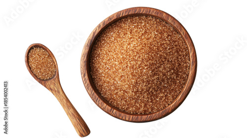 Sweet brown sugar. natural sweetener. wooden bowl and spoon.