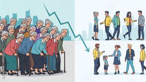 Aging population versus young generation demographic shift concept.