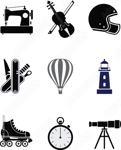 Assortment of nine icons showcasing sewing machine violin helmet multi tool hot air balloon lighthouse roller skate stopwatch telescope