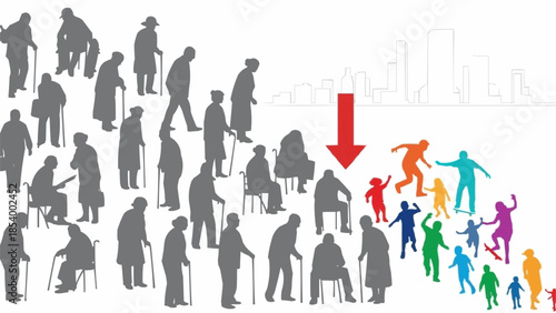 Generational shift from elderly to young people with downward trend.