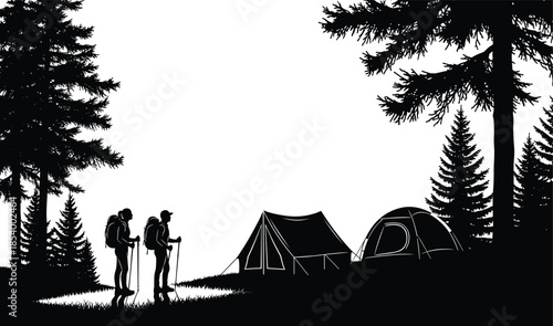 Black silhouette of hikers with backpacks near tents in pine forest, mountain camping landscape, outdoor adventure scene isolated on white background, vector