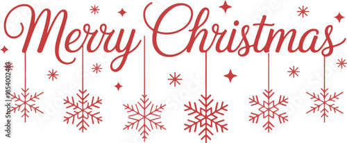 Merry Christmas greeting with elegant red script lettering and hanging snowflake ornaments on transparent checkered background